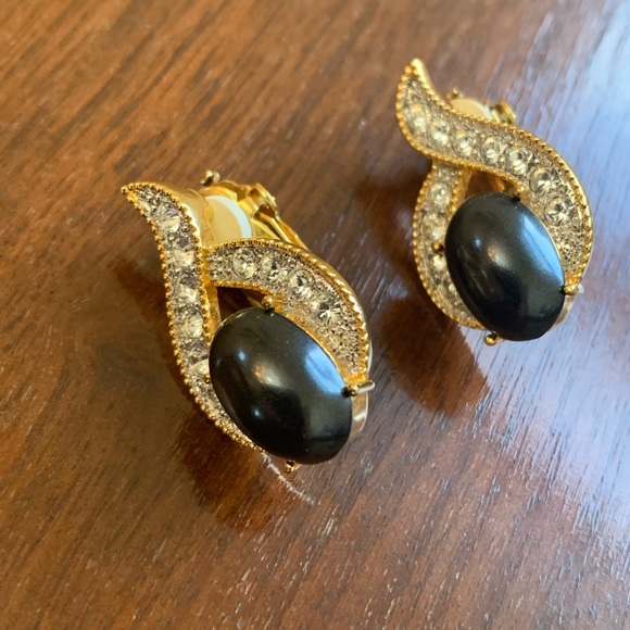 Vintage Butler Fifth Avenue Collection Earrings Black Gem With Rhinestones - Picture 3 of 9